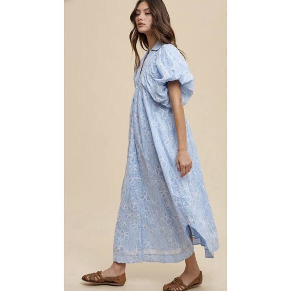 ANNIE WEAR Pale Blue Floral Smocked Puff Sleeve Button Shirt Midi Dress Sz L NWT - Picture 2 of 16